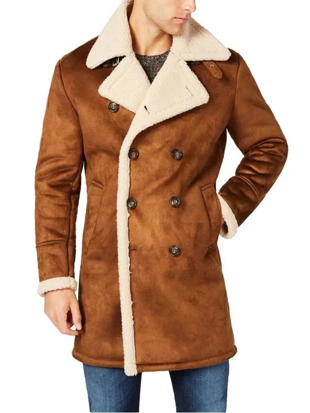 MENS GUESS Faux Shearling Coat in Brown & Cream Size Medium